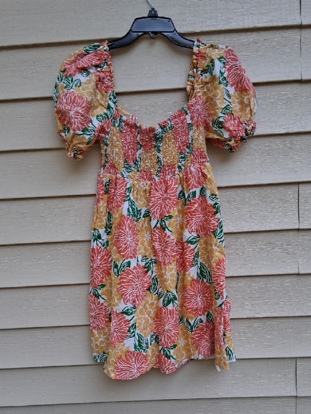 Smocked Puff-Sleeve Mini Dress - Yellow & Coral Floral 100% Linen Sz ( M ) - Picture 9 of 10